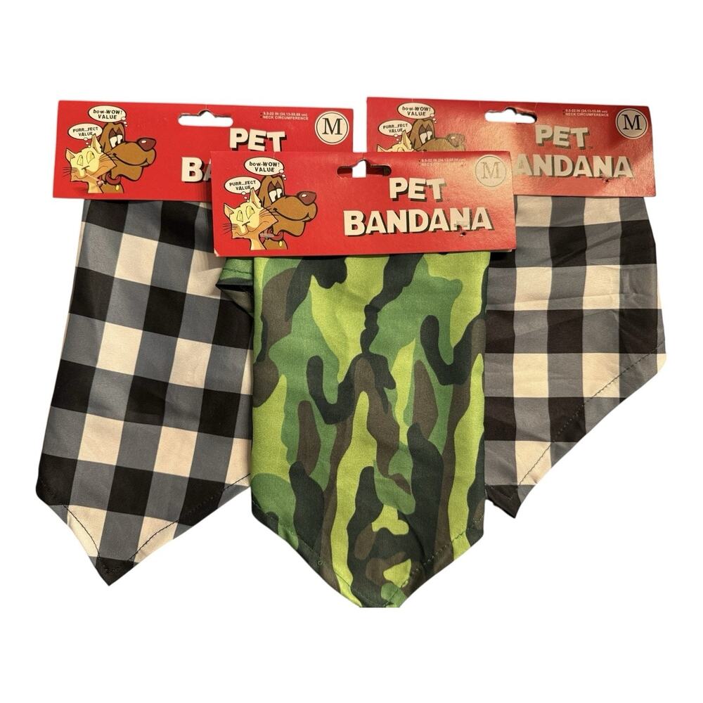 Pet Dog Cat Bandana Multicolor Medium Tie On Scarves Lot Of 3 - Plaid Camo